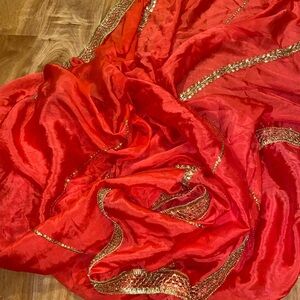 Pure Silk Red Indian Duputta Scarf Shawl Wrap Gold Detailing